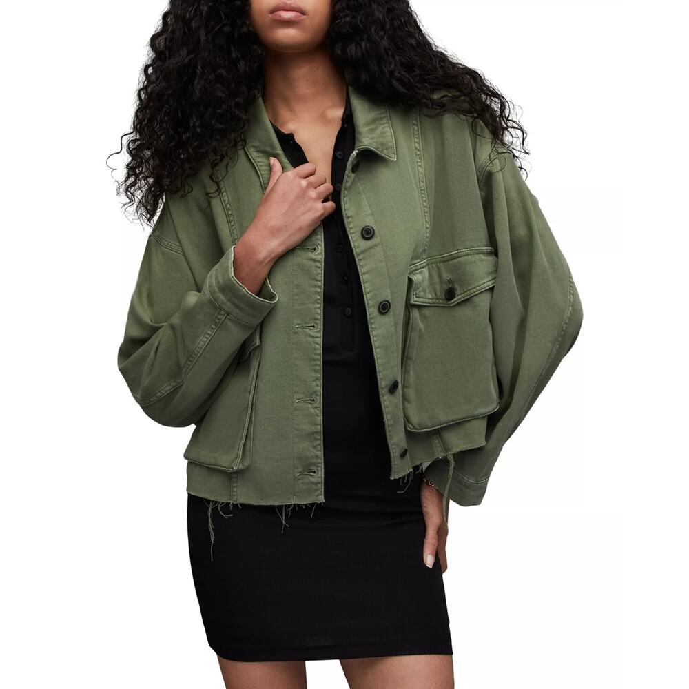Allsaints Women's Mora Overshirt Cropped Utility Jacket in Green Size 6